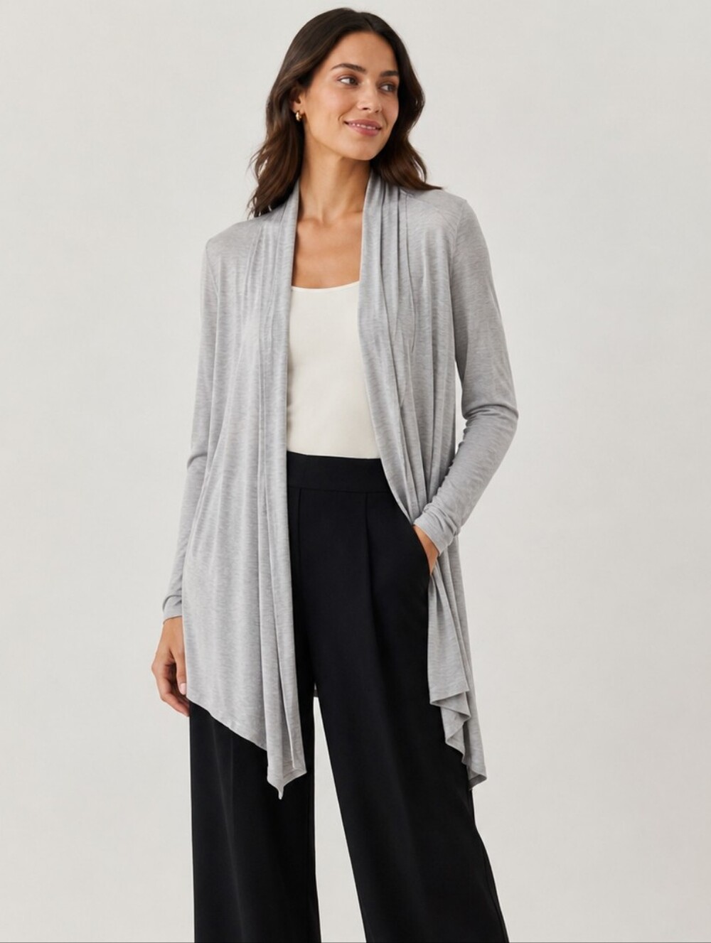 Joan Vass Grey Open Front Drape Cardigan S Lightweight Rib Trim Minimalist